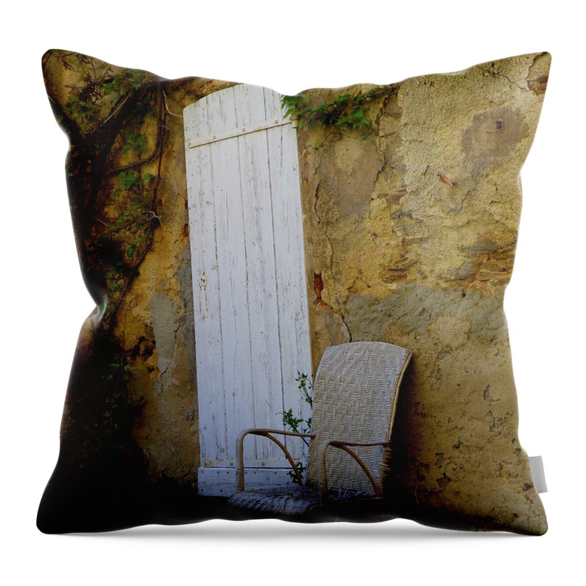 Door Throw Pillow featuring the photograph Chair by the White Door by Lainie Wrightson