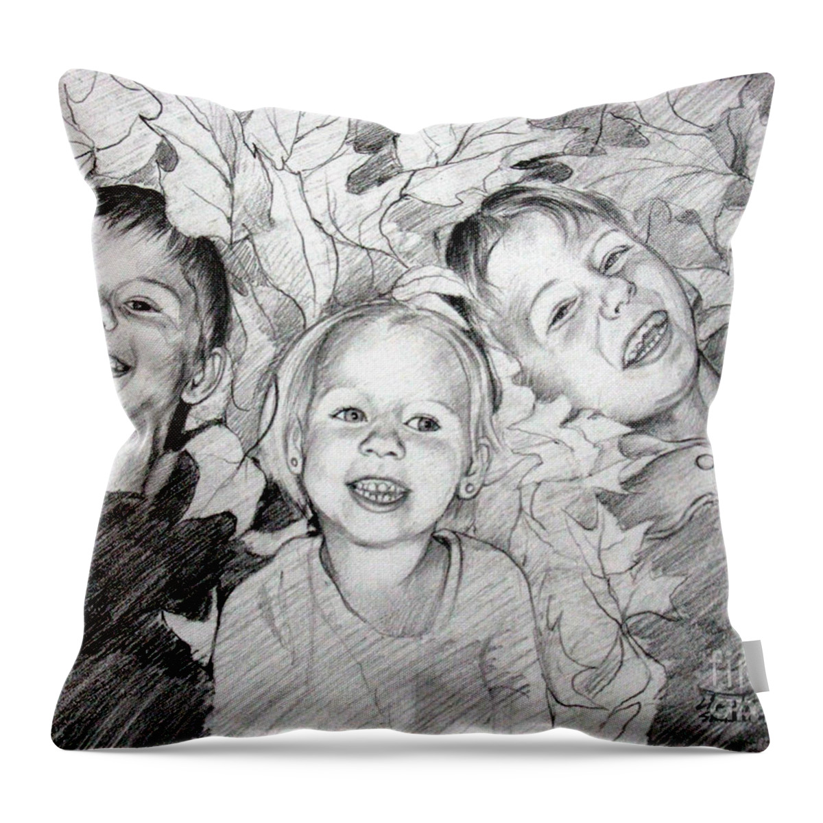 Children Throw Pillow featuring the drawing Children playing in the fallen leaves by Christopher Shellhammer