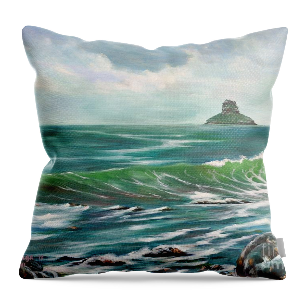 Seascape Throw Pillow featuring the painting Chinaman's Hat by Larry Geyrozaga