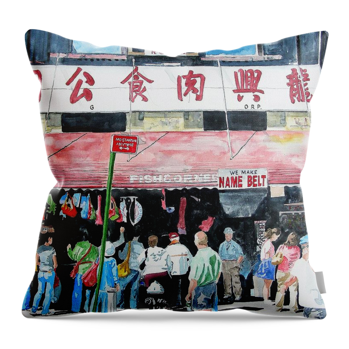 Watercolor Throw Pillow featuring the painting Chinatown two by Tom Riggs
