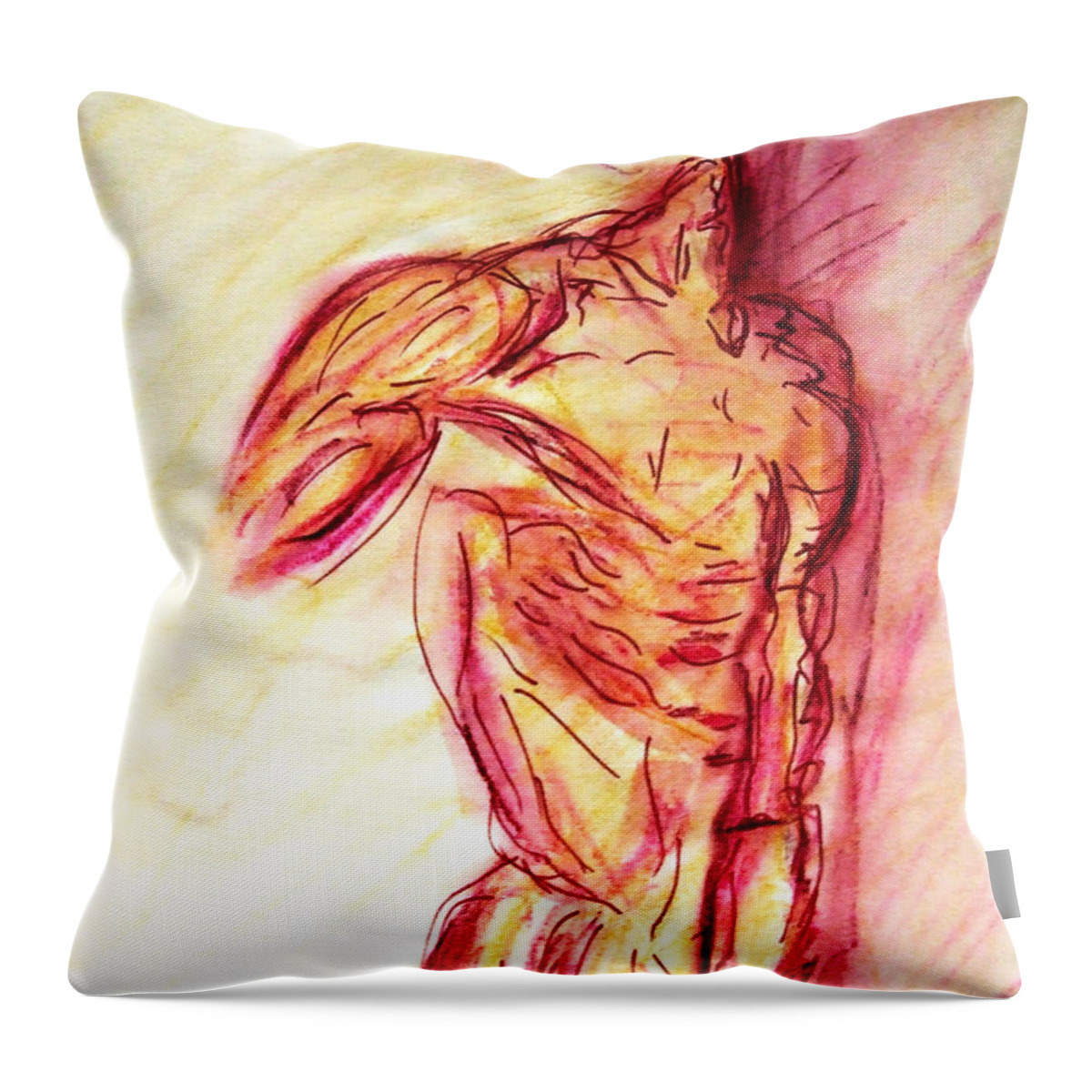 Custom Throw Pillow featuring the painting Classic Muscle Male Nude Looking Over Shoulder Sketch in a Sensual Primal Erotic Timeless Master Art by M Zimmerman