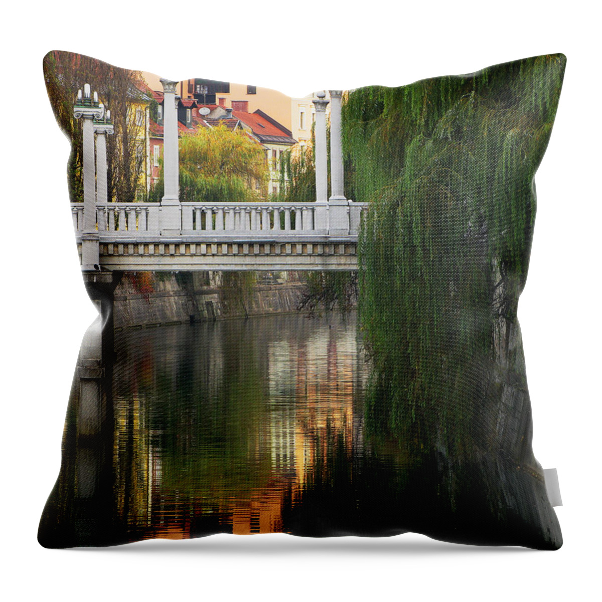 Cobblers Bridge Throw Pillow featuring the photograph Cobblers Bridge and Morning Reflections in Ljubljana by Greg Matchick