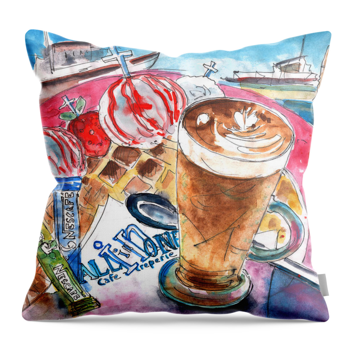 Travel Art Throw Pillow featuring the painting Coffee Break in Elounda in Crete by Miki De Goodaboom