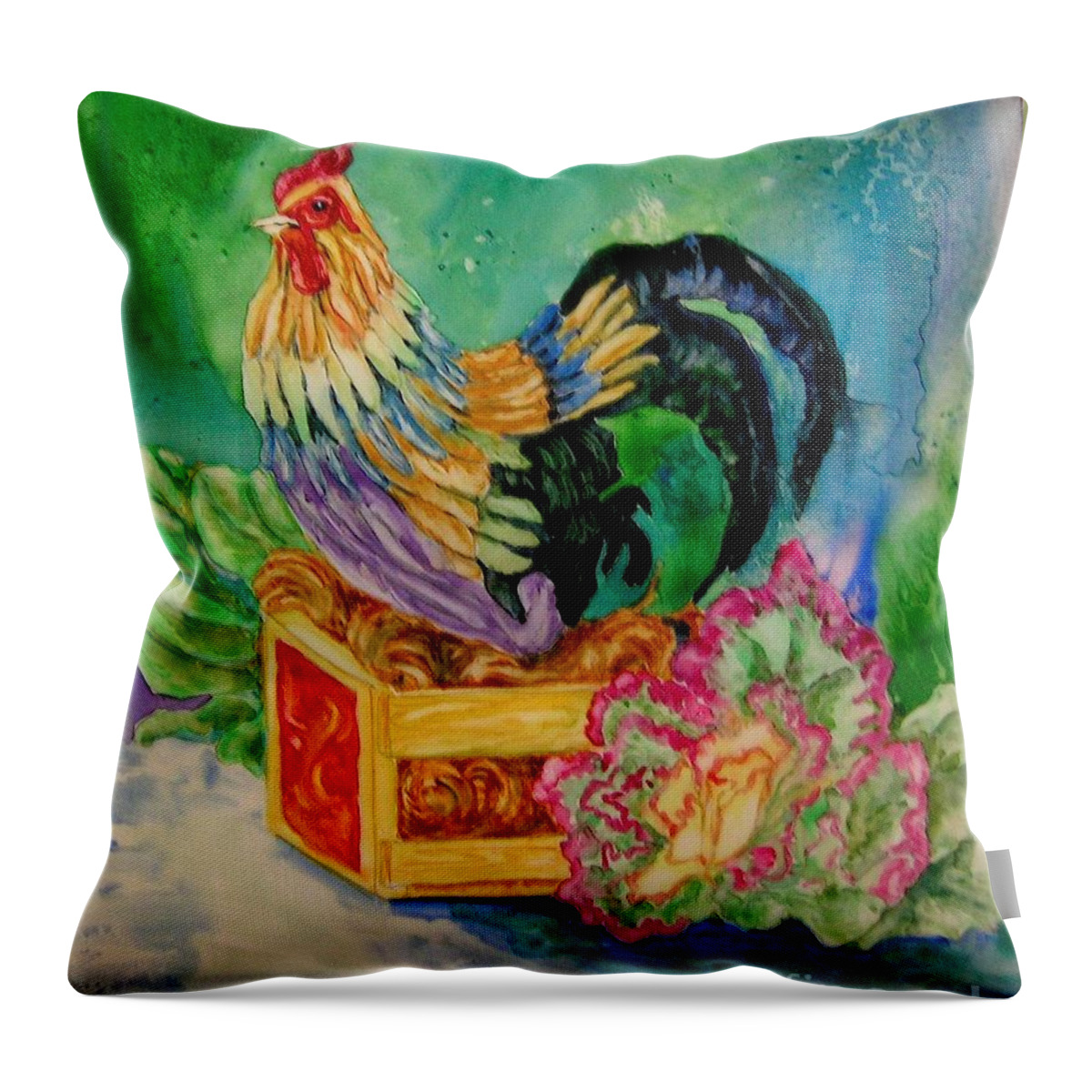 Chicken Throw Pillow featuring the painting Colorful Rooster by Genie Morgan