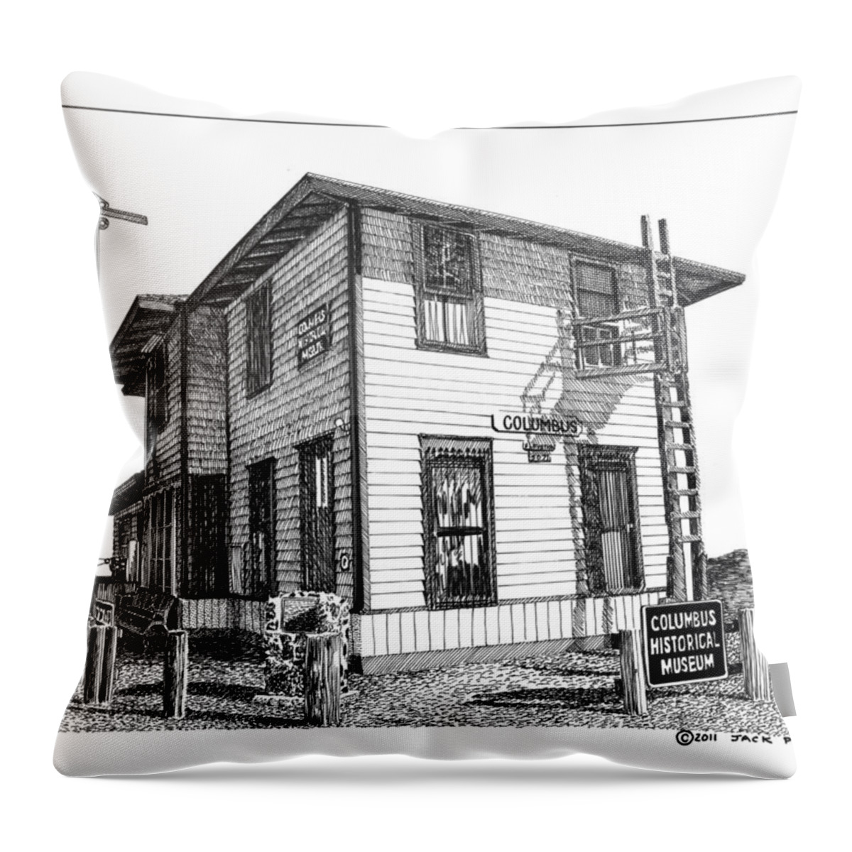 Framed Prints And Note Cards Of Ink Drawings Of Scenic Southern New Mexico. Framed Canvas Prints Of Pen And Ink Images Of Southern New Mexico. Black And White Art Of Southern New Mexico Throw Pillow featuring the drawing Columbus New Mexico by Jack Pumphrey