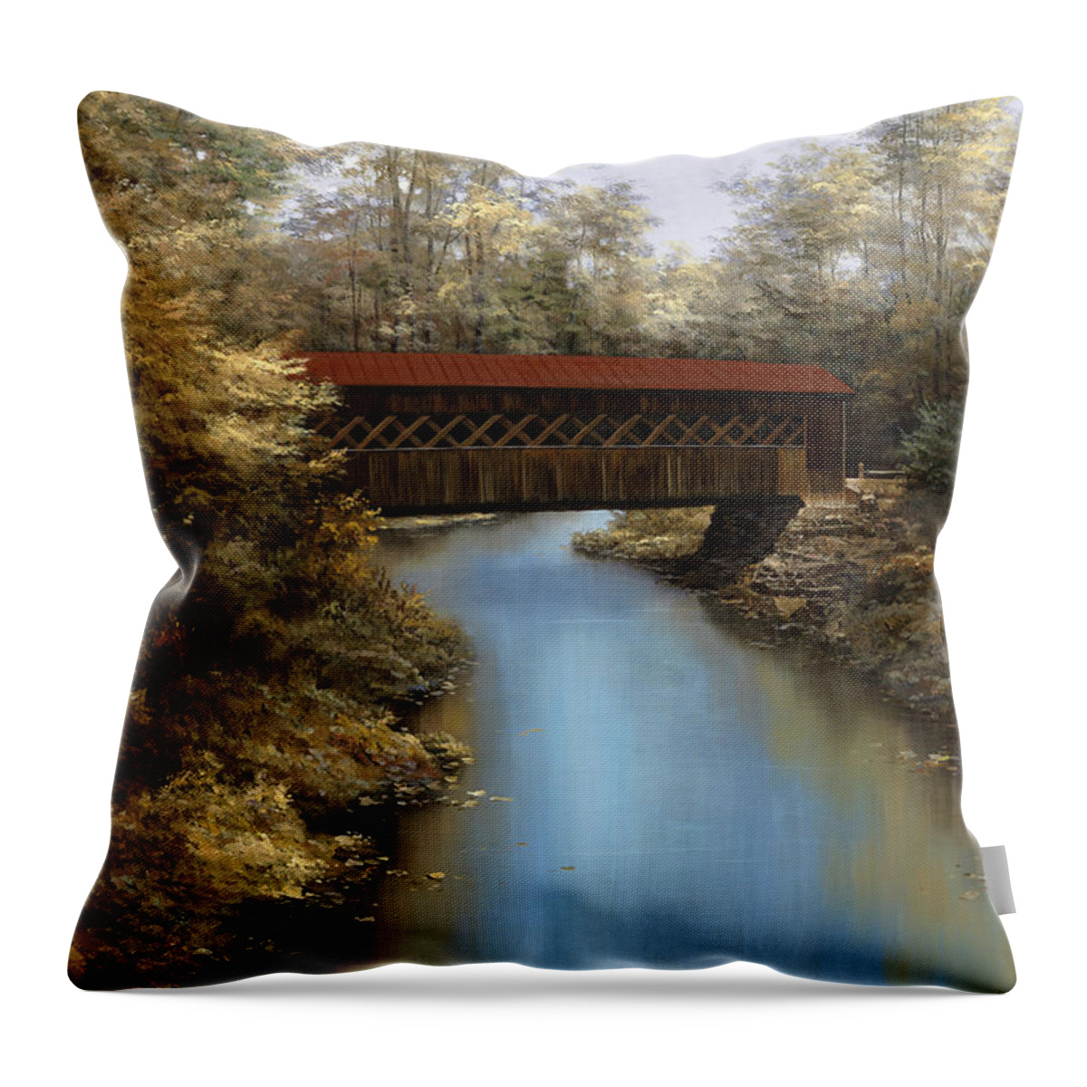 Covered Bridge Prints Throw Pillow featuring the painting Covered Bridge by Diane Romanello