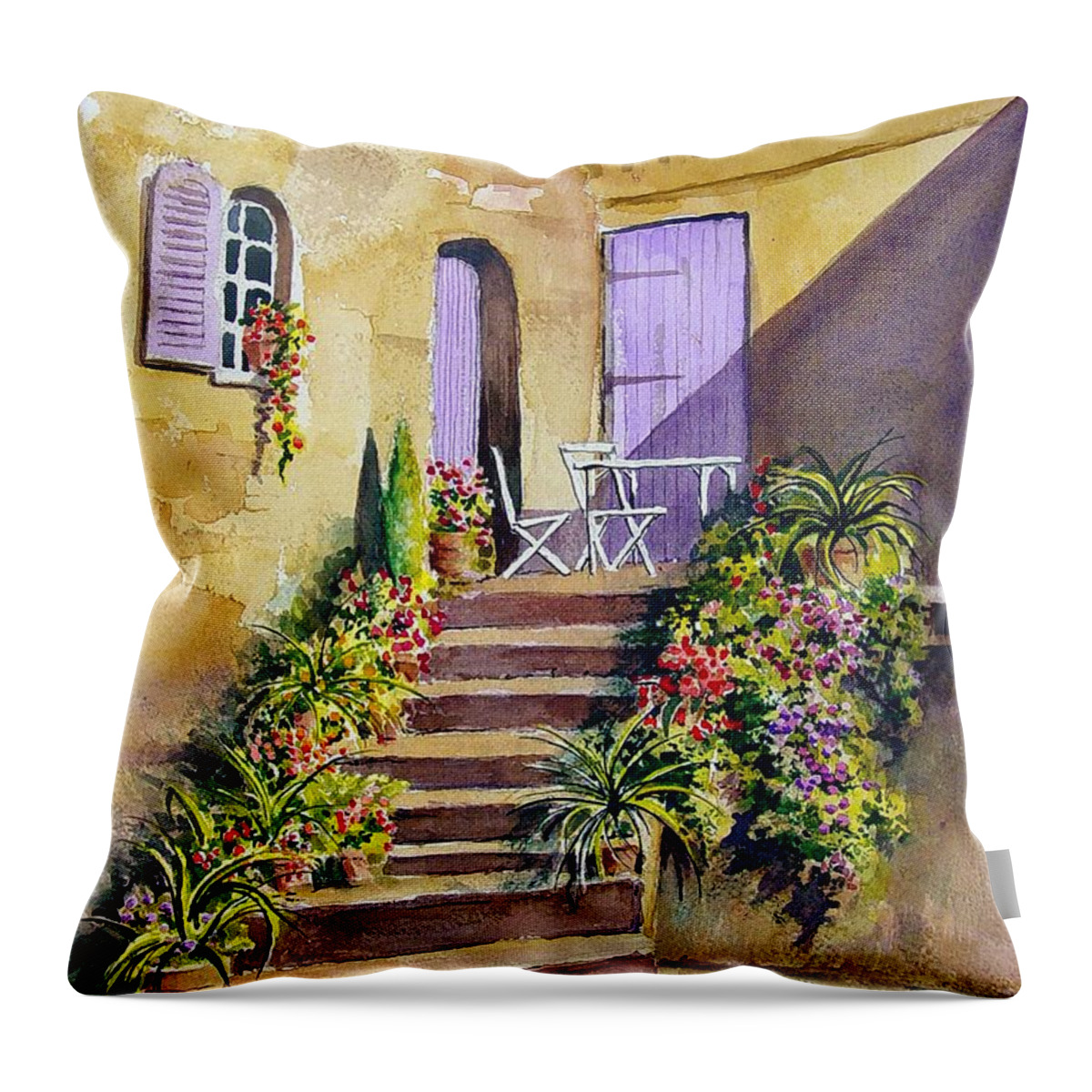 Flowers Throw Pillow featuring the painting Crooked Steps and Purple Doors by Sam Sidders