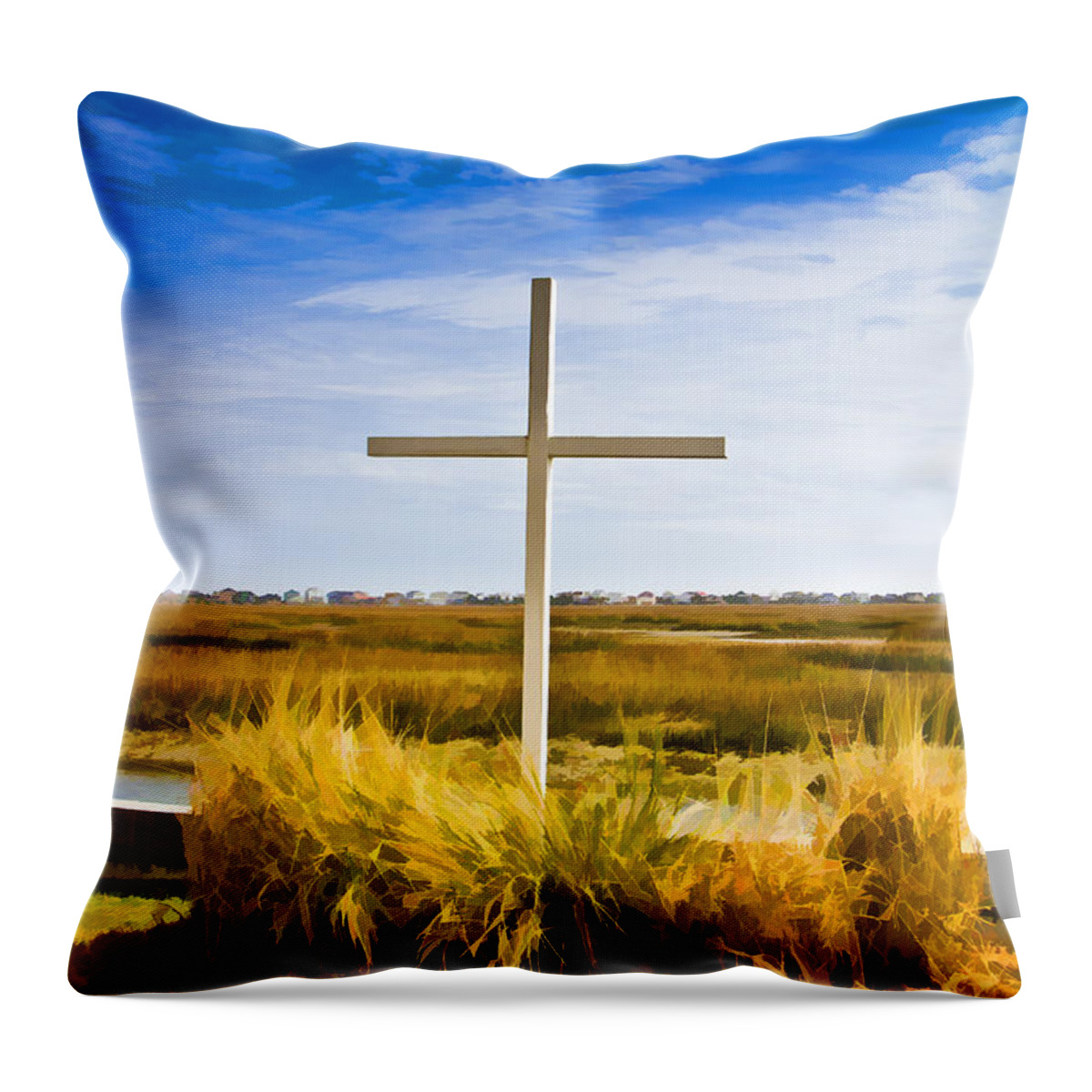 Cross Throw Pillow featuring the photograph Cross on the Inlet - Faux Painting by Bill Barber