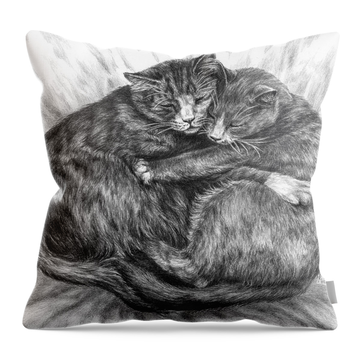 Cat Throw Pillow featuring the drawing Cuddly Cats - Black and White Art Print by Kelli Swan
