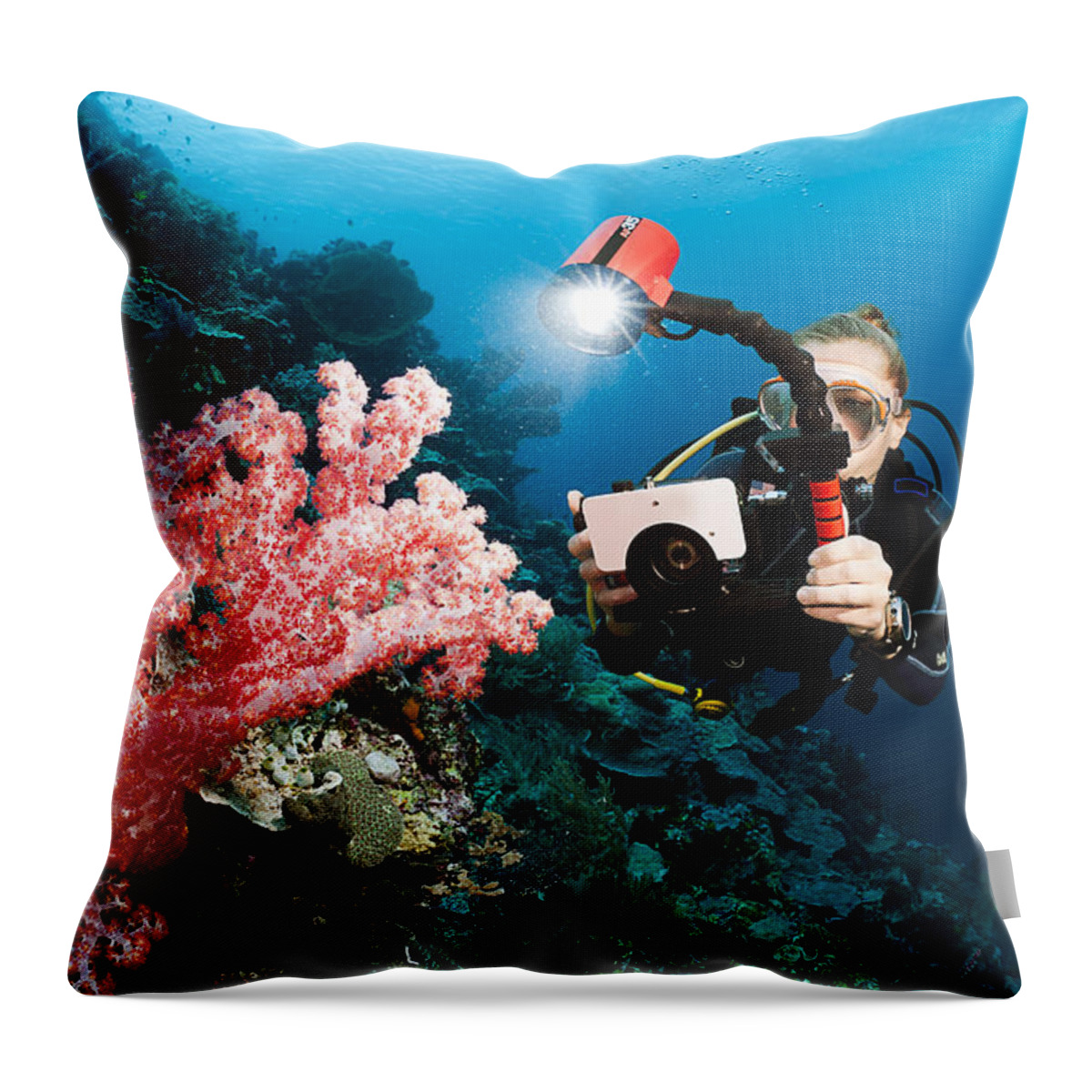 Awesome Throw Pillow featuring the photograph Diver Photographing Soft Coral by Dave Fleetham