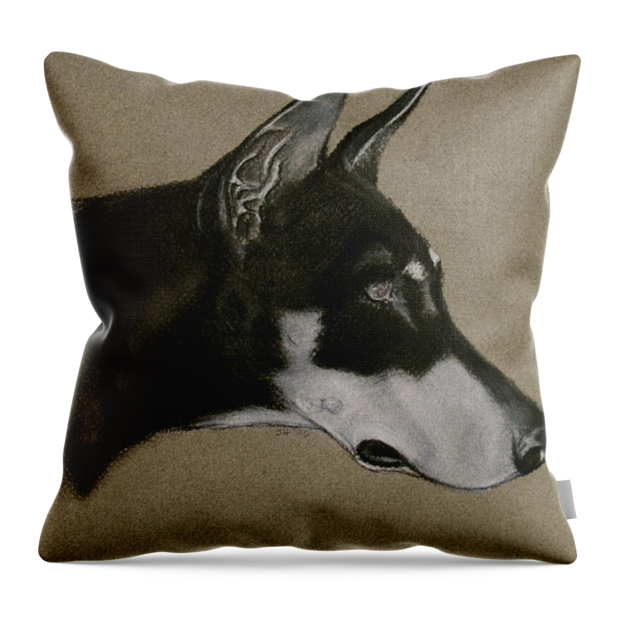 Dobe Throw Pillow featuring the drawing Doberman by Susan Herber