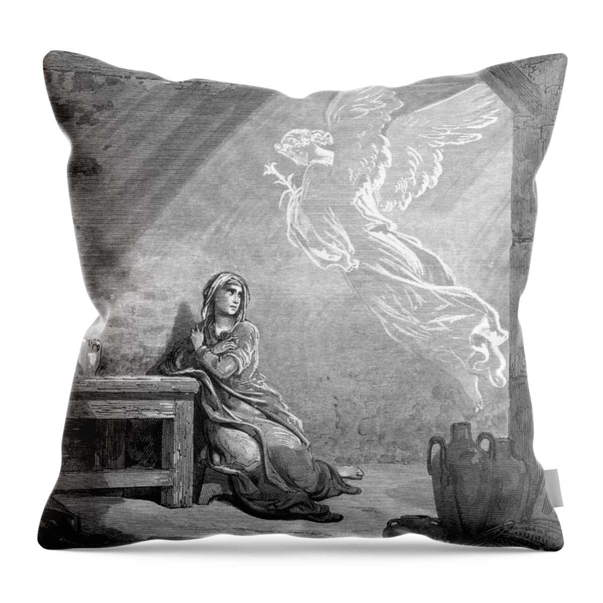 Annunciation Throw Pillow featuring the drawing The Annunciation #1 by Gustave Dore