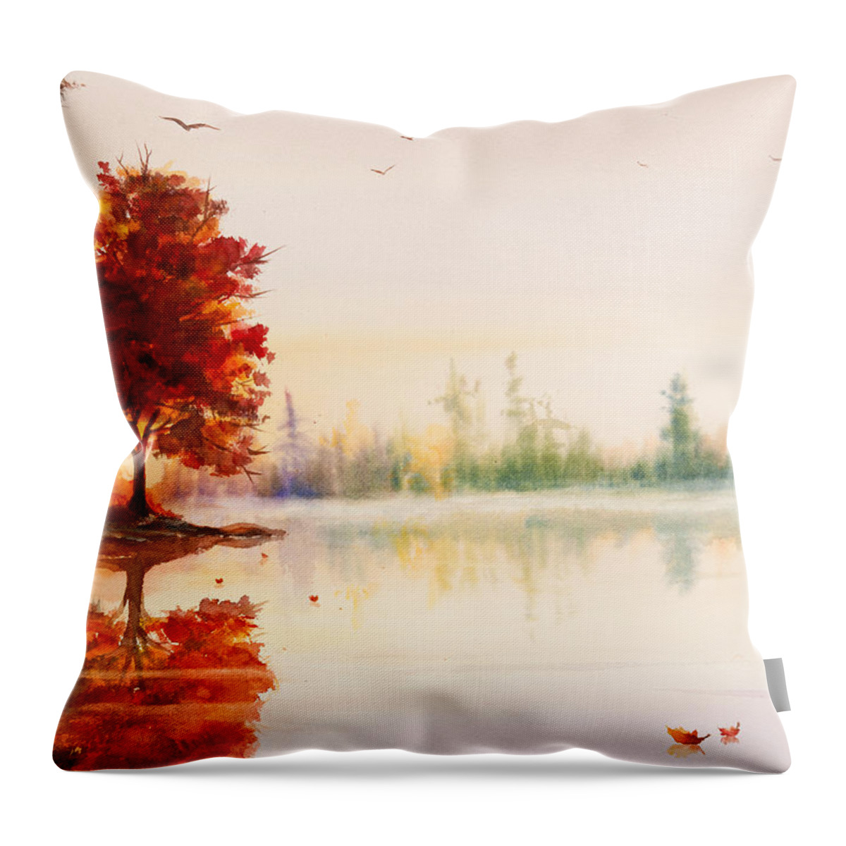 Autumn Throw Pillow featuring the painting Early Autumn Reflections Watercolor Painting by Michelle Constantine