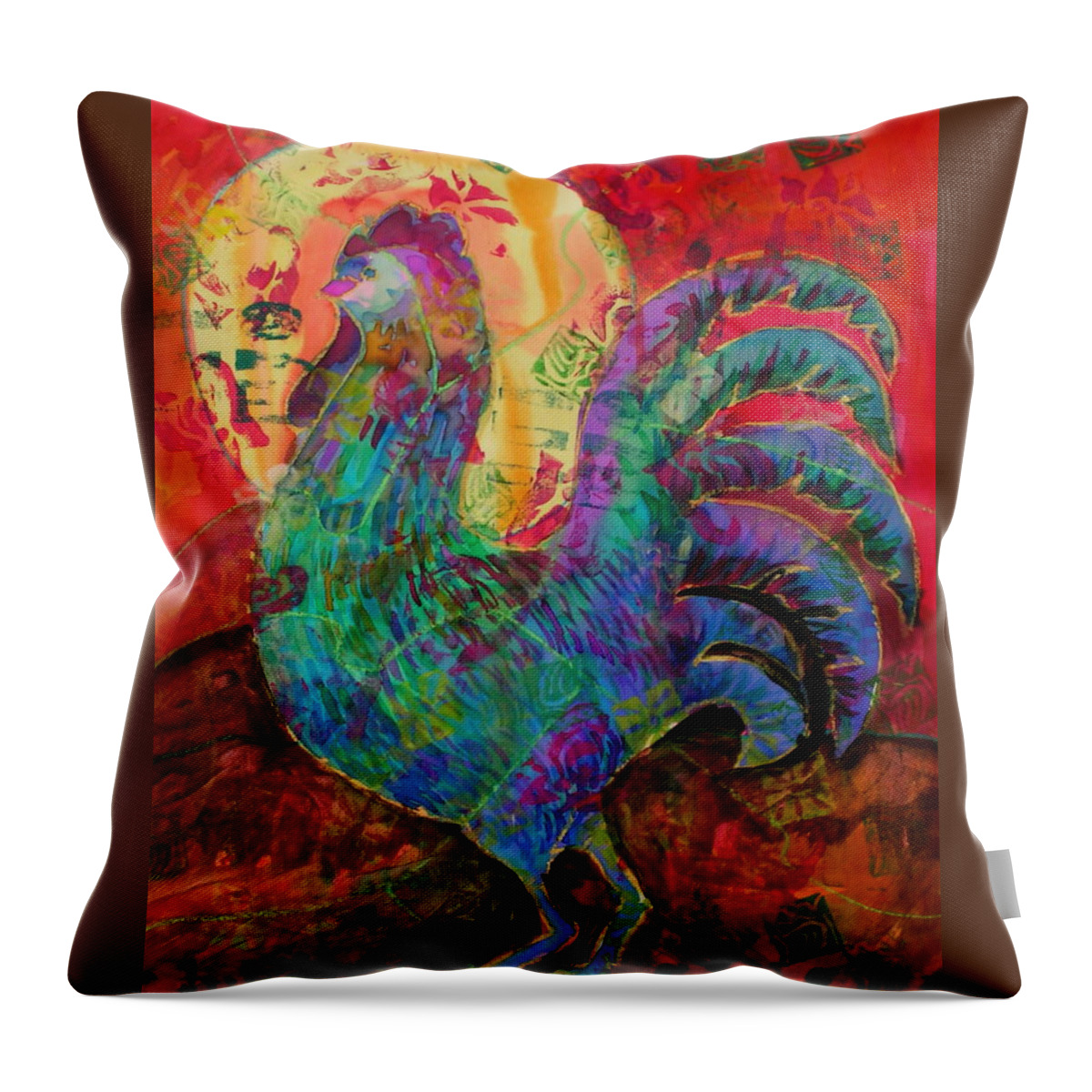 Chickens-rooster Throw Pillow featuring the mixed media Early Riser by Genie Morgan