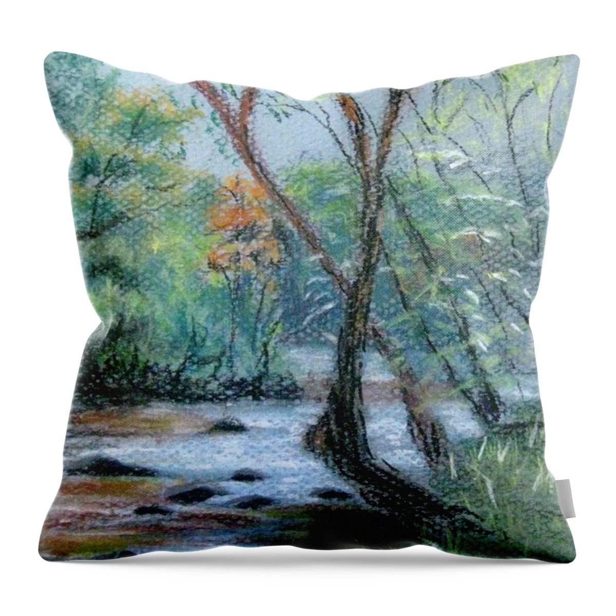 Leaves Throw Pillow featuring the pastel Early Spring Creek Bed by Gretchen Allen