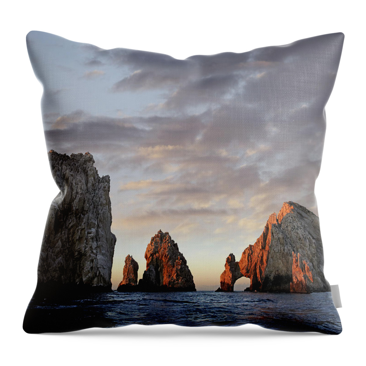 00441440 Throw Pillow featuring the photograph El Arco And Sea Stacks Cabo San Lucas by Tim Fitzharris