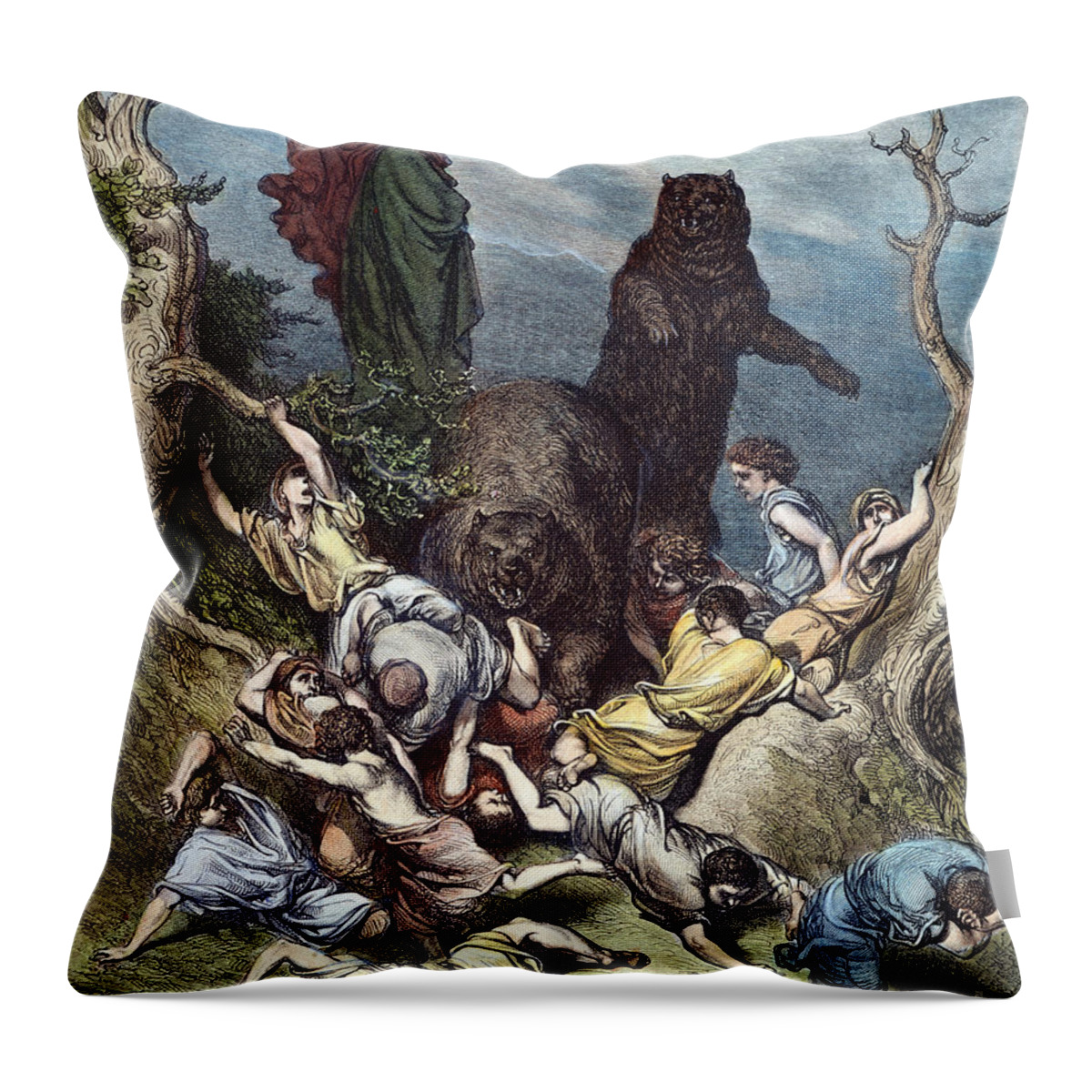 Ancient Throw Pillow featuring the drawing Elisha And The She-bears by Gustave Dore
