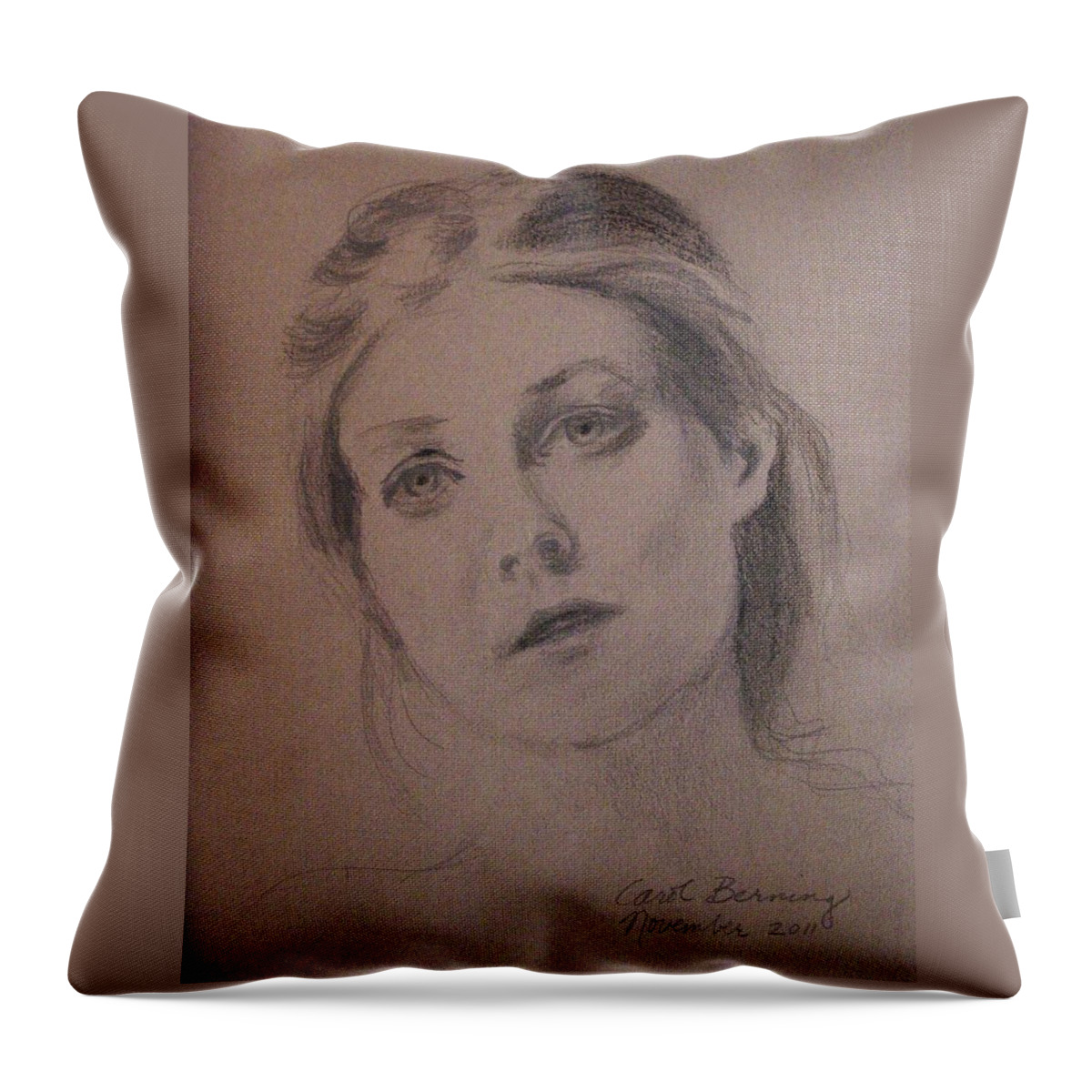 Graphite And Charcoal On Pastel Paper Throw Pillow featuring the painting Em by Carol Berning