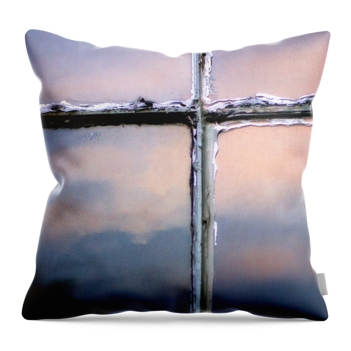 Blue Throw Pillow featuring the photograph Empty Cross on the Window of an Old Church by Angela Rath