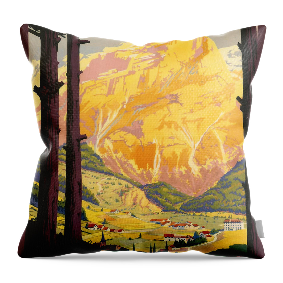 Vintage Travel Throw Pillow featuring the digital art En Tarentaise - Vintage French Travel by Georgia Clare