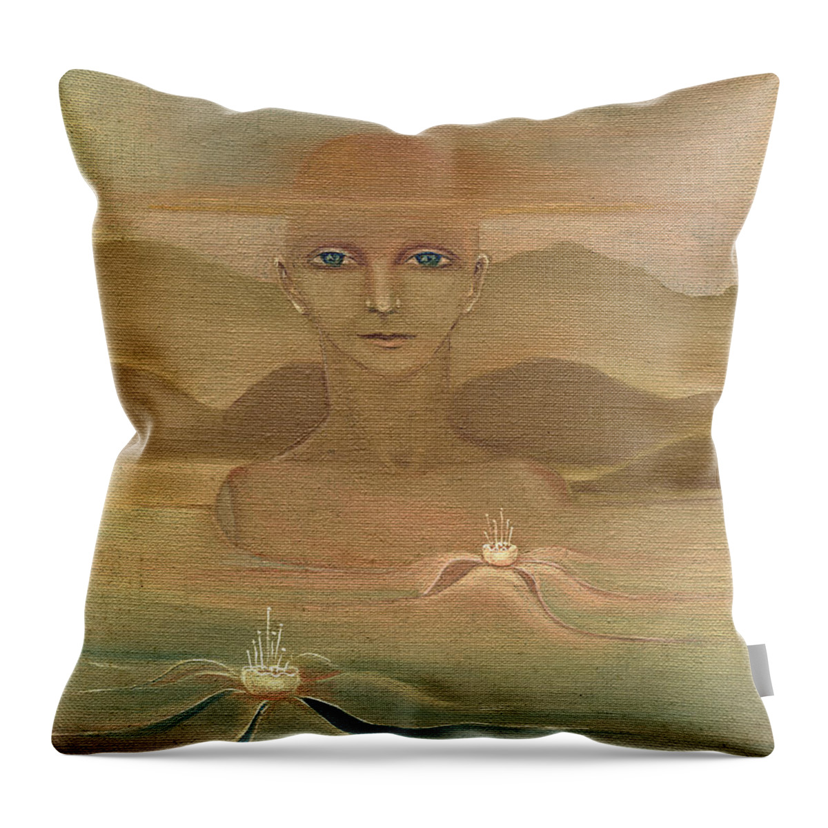 Face Throw Pillow featuring the painting Face from nature desert landscape abstract fantasy with flowers blue eyes yellow cloud in sky by Rachel Hershkovitz