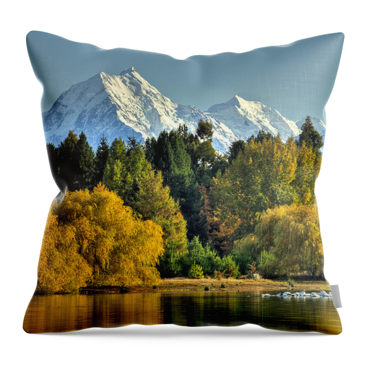 00462458 Throw Pillow featuring the photograph Fall Willow And Cottonwoods At Lake by Colin Monteath