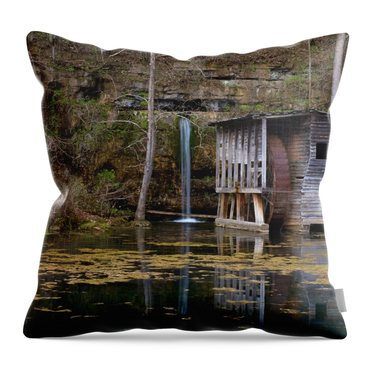 Ozarks Throw Pillow featuring the photograph Falling Spring Mill by Steve Stuller
