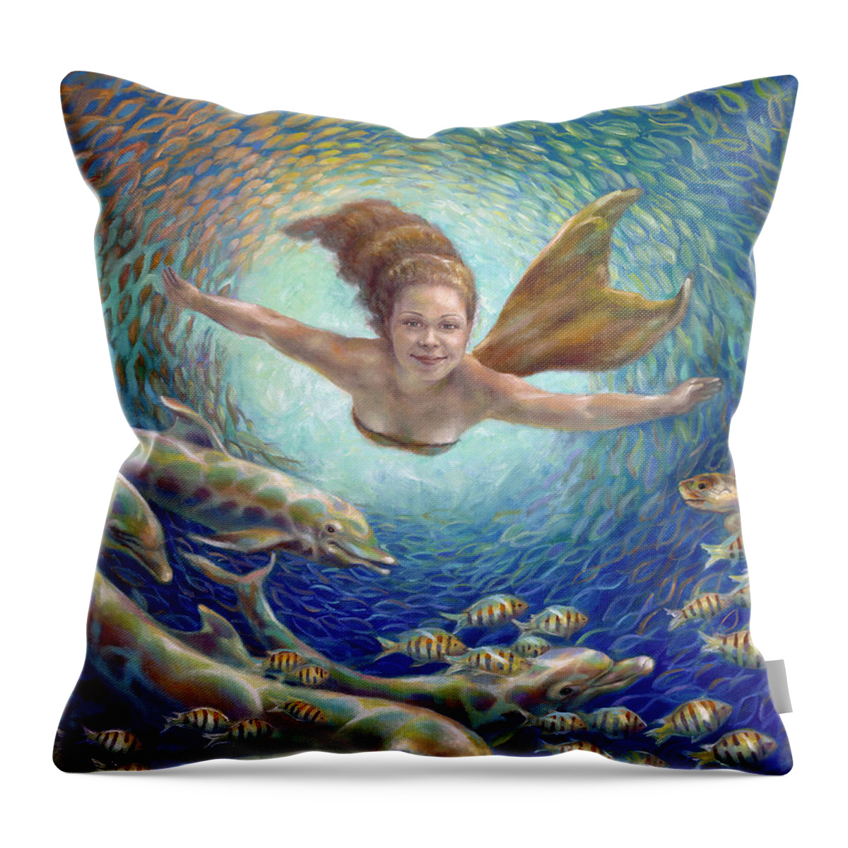 Landscape Throw Pillow featuring the painting Fantastic Journey II - Mermaid by Nancy Tilles