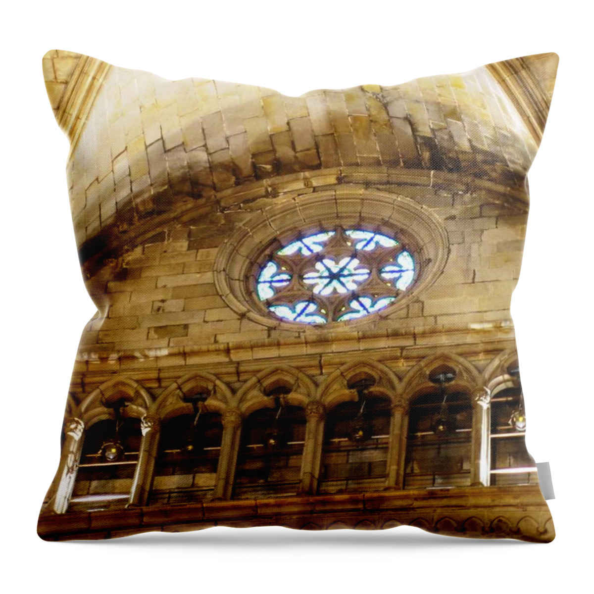 Barcelona Throw Pillow featuring the photograph Fascinating Historic Cathedral Building Architecture and Interior Window Design in Barcelona Spain by John Shiron