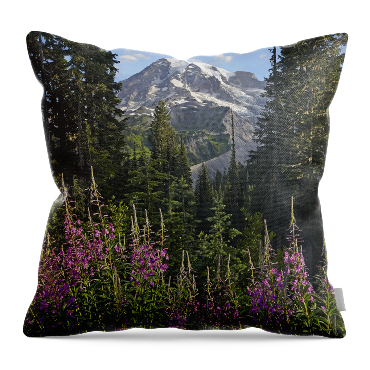 00437813 Throw Pillow featuring the photograph Fireweed Flowering And Mount Rainier by Tim Fitzharris