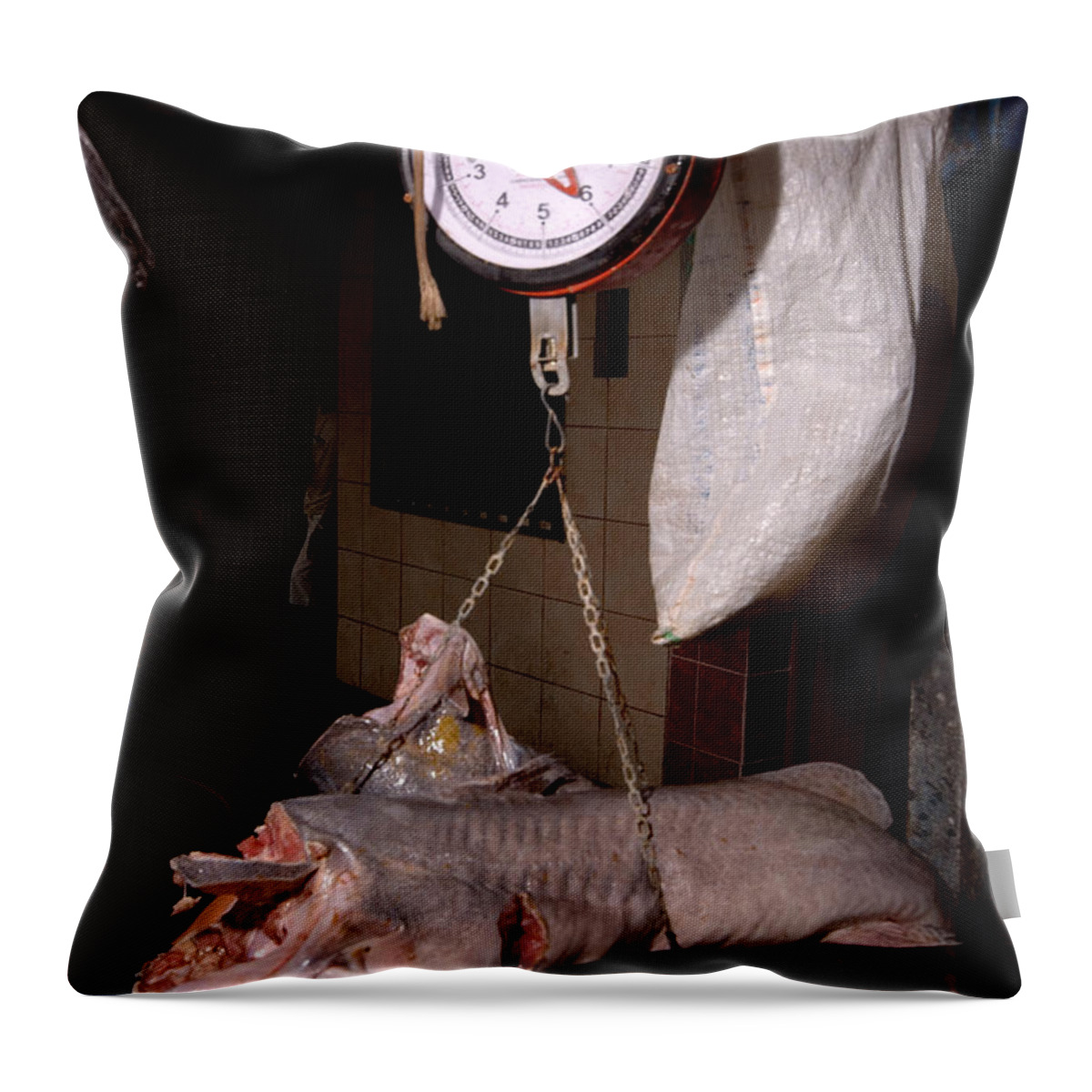 Over Exploitation Throw Pillow featuring the photograph Fish Market, Peru by Dant Fenolio