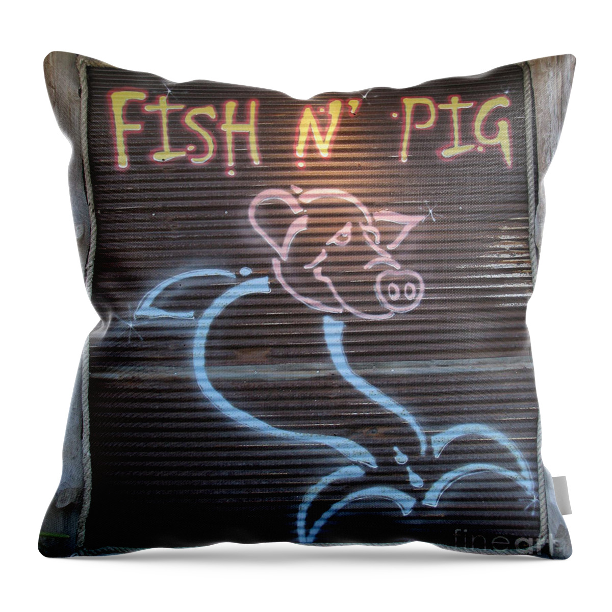 Sign Throw Pillow featuring the photograph Fish N' Pig by Donna Brown