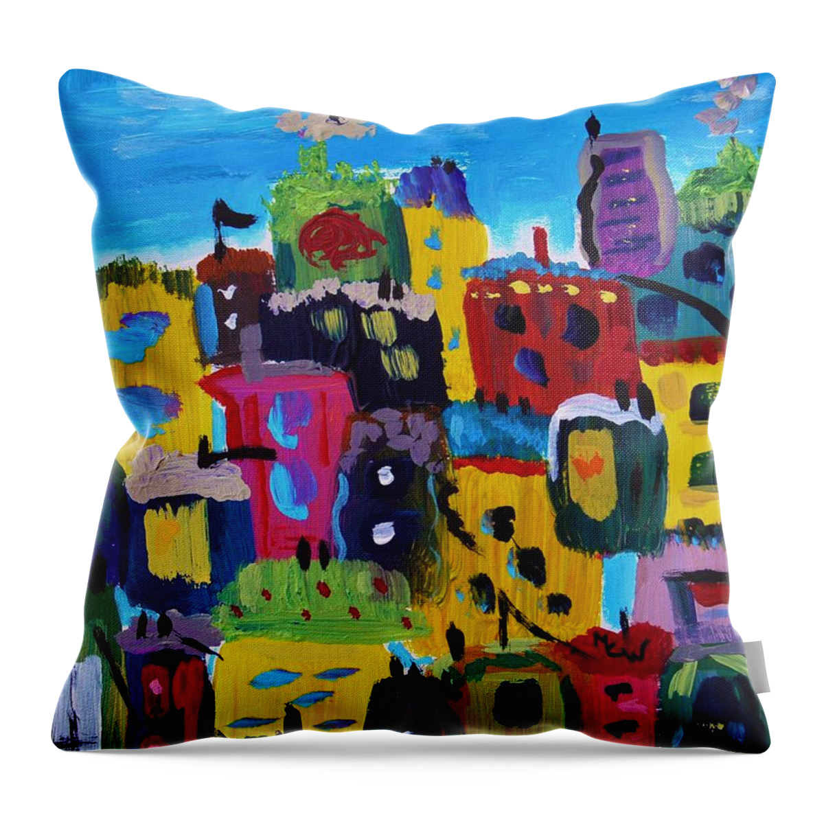 City Throw Pillow featuring the painting Five Bright Yellow Buildings by Mary Carol Williams