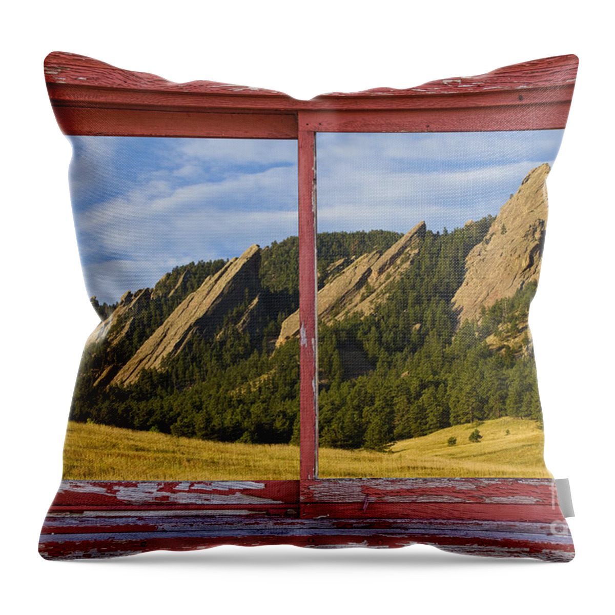 Picture Throw Pillow featuring the photograph Flatirons Boulder Colorado Red barn Picture Window Frame Photos by James BO Insogna