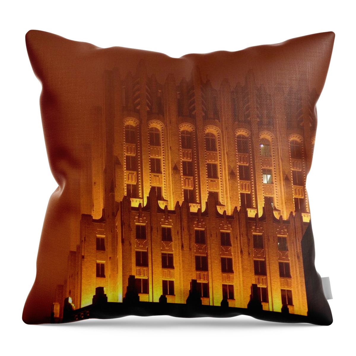 Tower Throw Pillow featuring the photograph Foggy Night Tower Silhouette - Houston, Texas by Ian McAdie