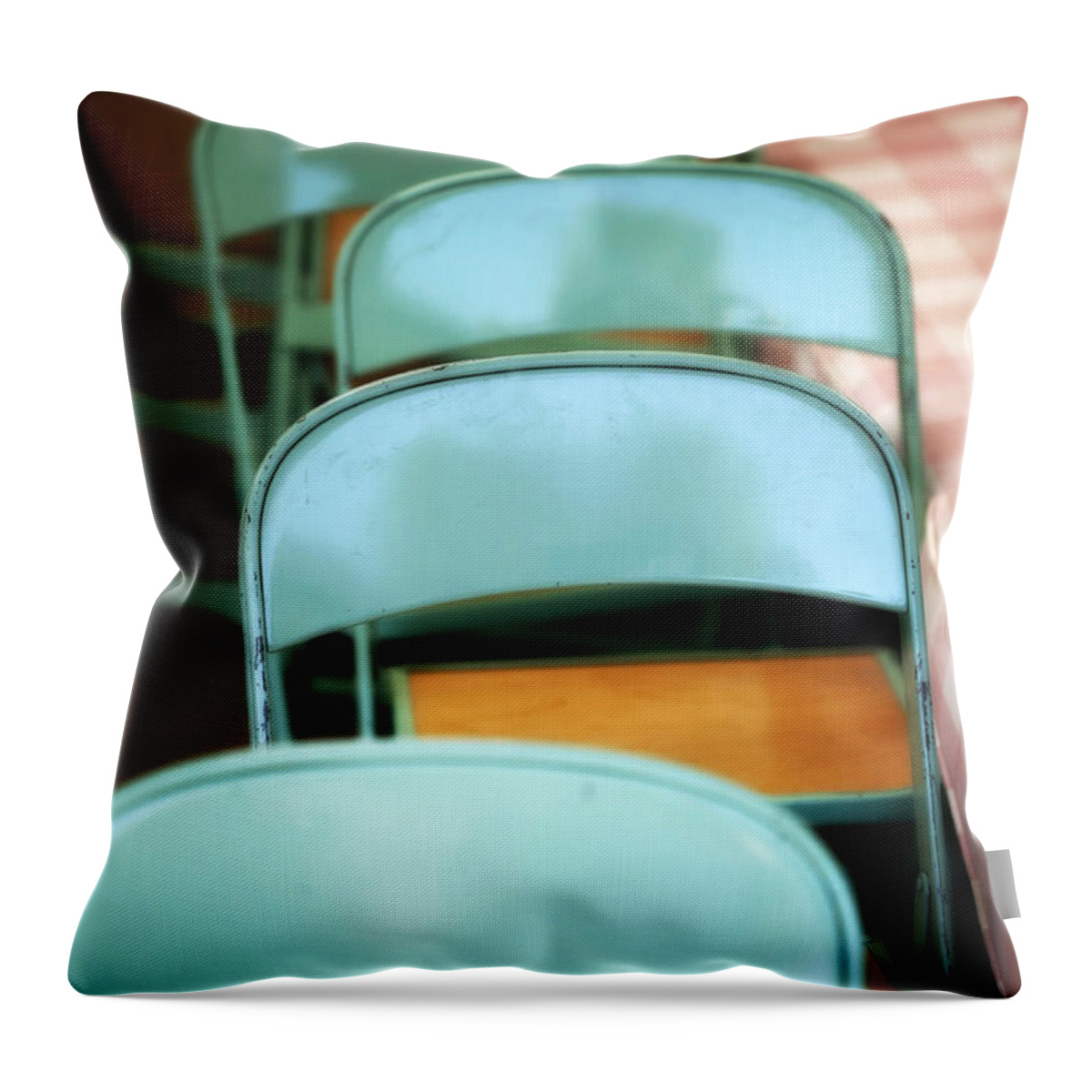Folding Throw Pillow featuring the photograph Turquoise and Wood Folding Chairs by Marilyn Hunt