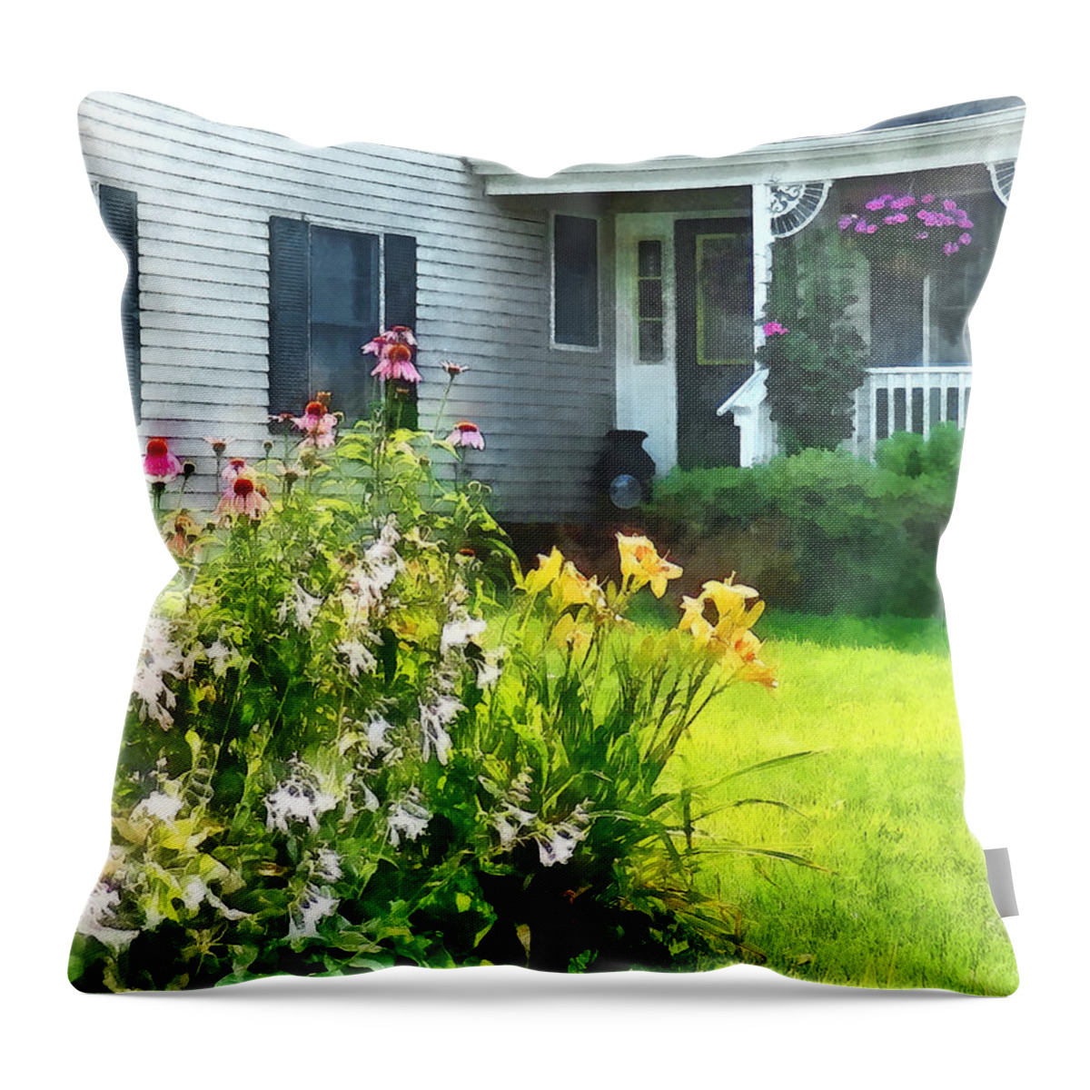 Cone Flower Throw Pillow featuring the photograph Garden with Coneflowers and Lilies by Susan Savad
