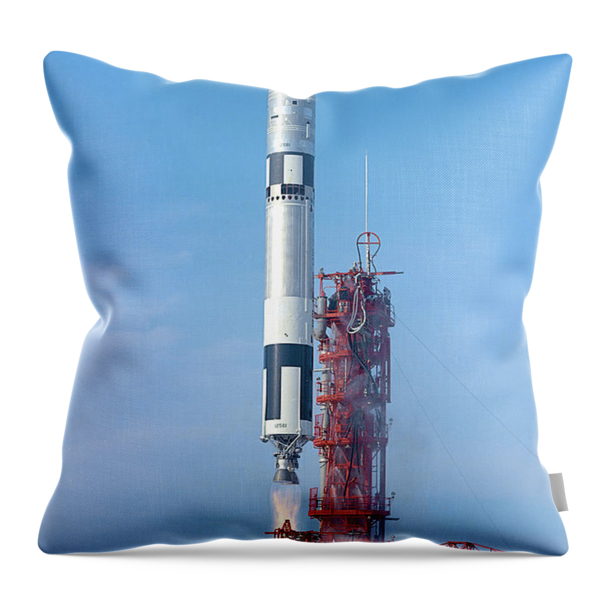1965 Throw Pillow featuring the photograph Gemini Vi Lifts Off From Its Launch Pad by Stocktrek Images