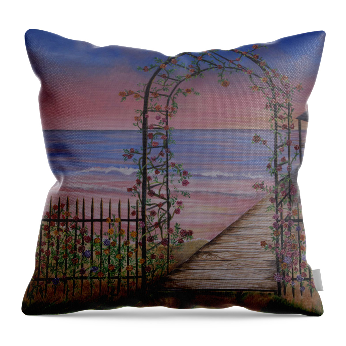 Landscape Throw Pillow featuring the painting Gentle Trellis of Roses by Virginia Bond