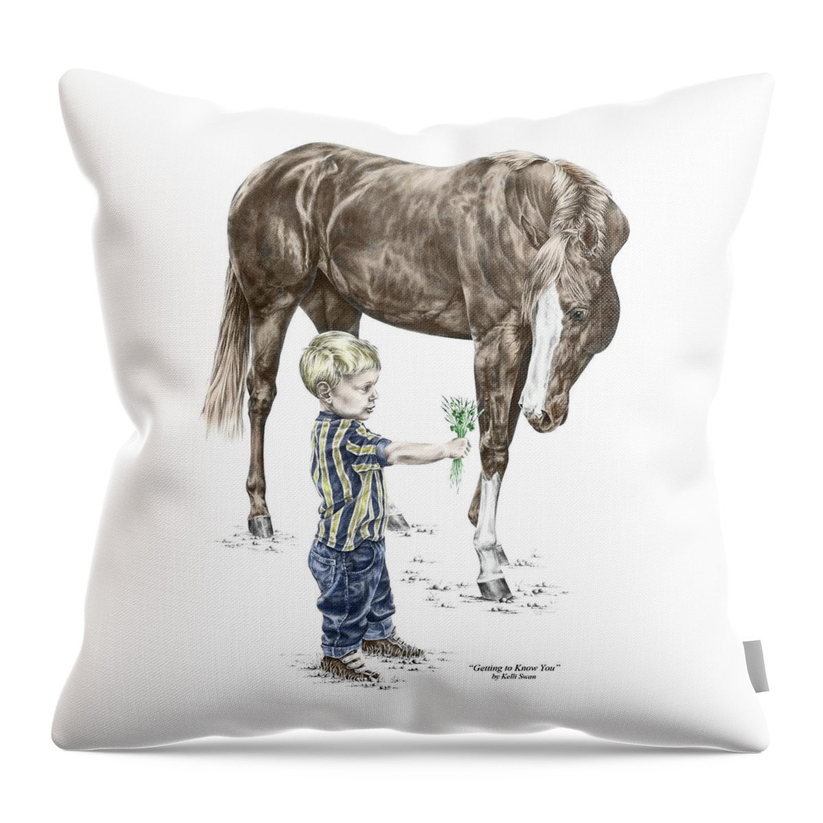 Boy Throw Pillow featuring the drawing Getting to Know You - Boy and Horse Print color tinted by Kelli Swan