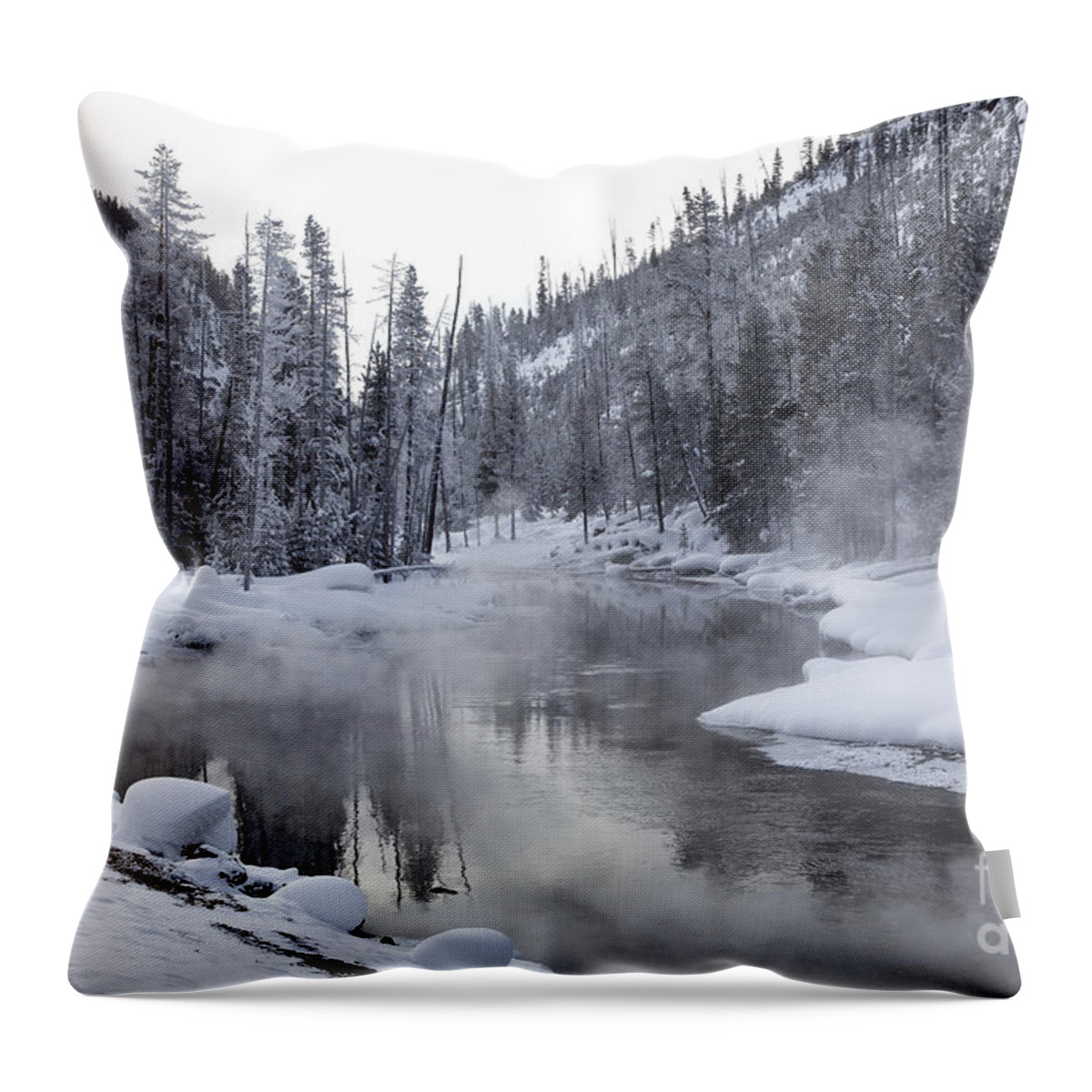 Gibbon River Throw Pillow featuring the photograph Gibbon River With Mist by Greg Dimijian