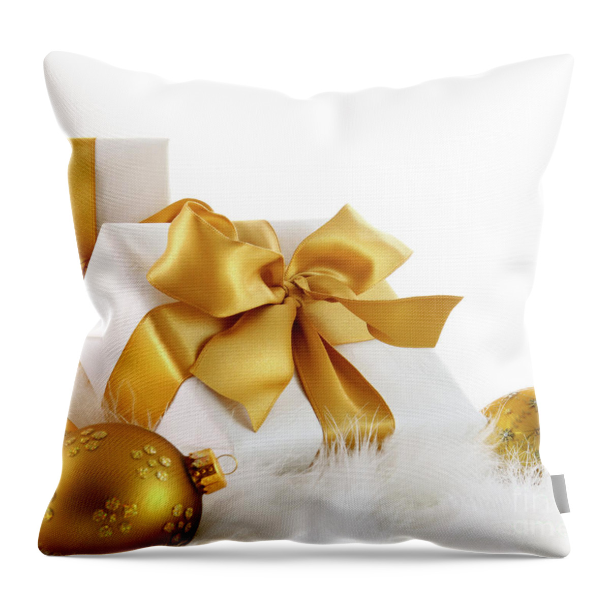 Background Throw Pillow featuring the photograph Gold ribboned gifts with christmas balls by Sandra Cunningham