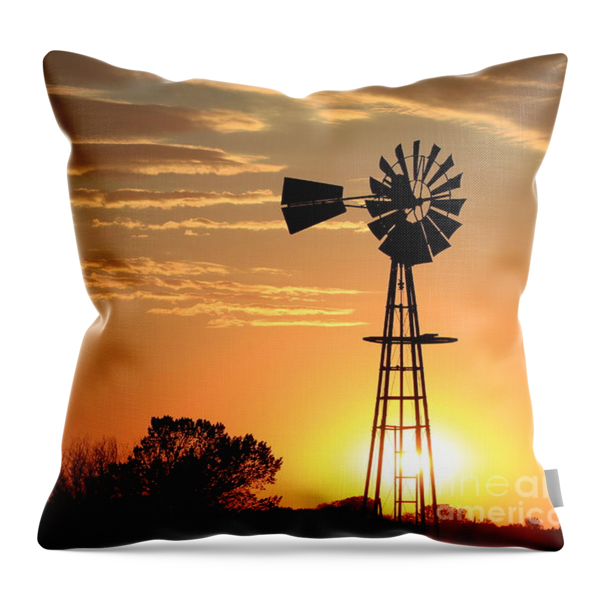 Sunset Throw Pillow featuring the photograph Golden Sky Windmill Sunset Silhouette by Robert D Brozek
