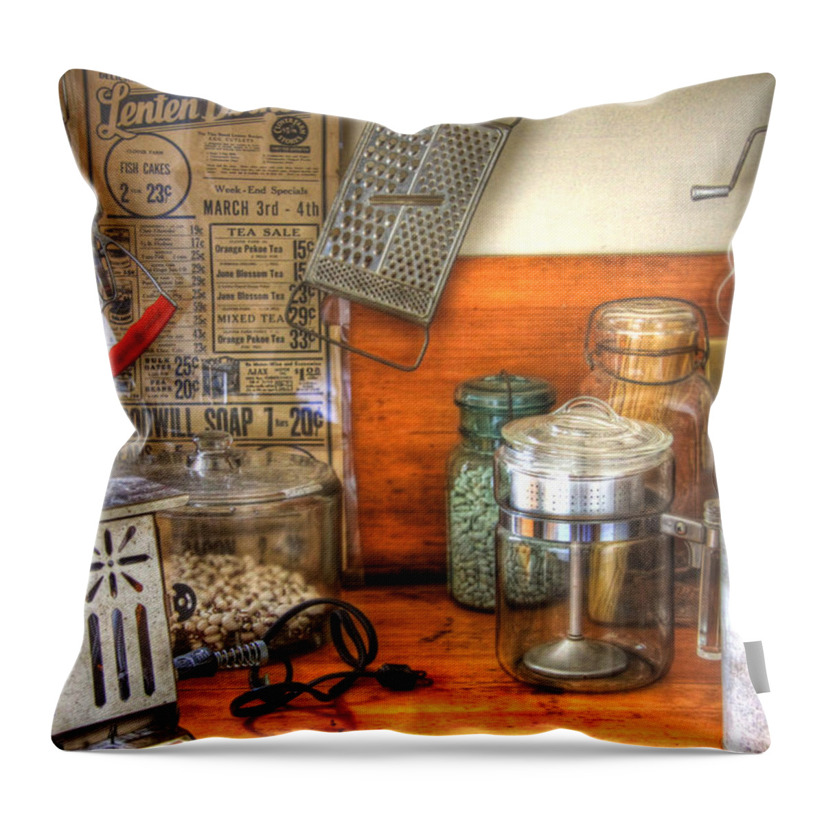 Kitchen Throw Pillow featuring the photograph Grandma's Pantry by Brenda Giasson
