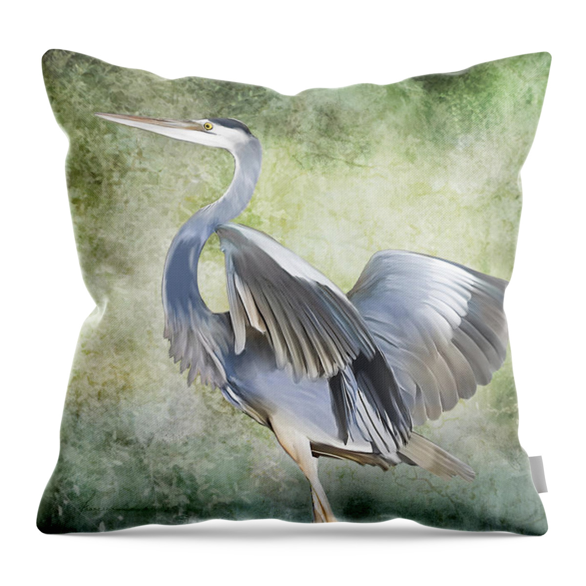 Heron; Great; Blue; Bird; Fowl; Waterfowl; Tropical; Tropic; Flight; Fly; Flying; Wings; Winged; Portrait; Swamp; Swampland; Marsh; Marshland; Landscape; Animal; Creature Throw Pillow featuring the digital art Great Blue Heron by Frances Miller