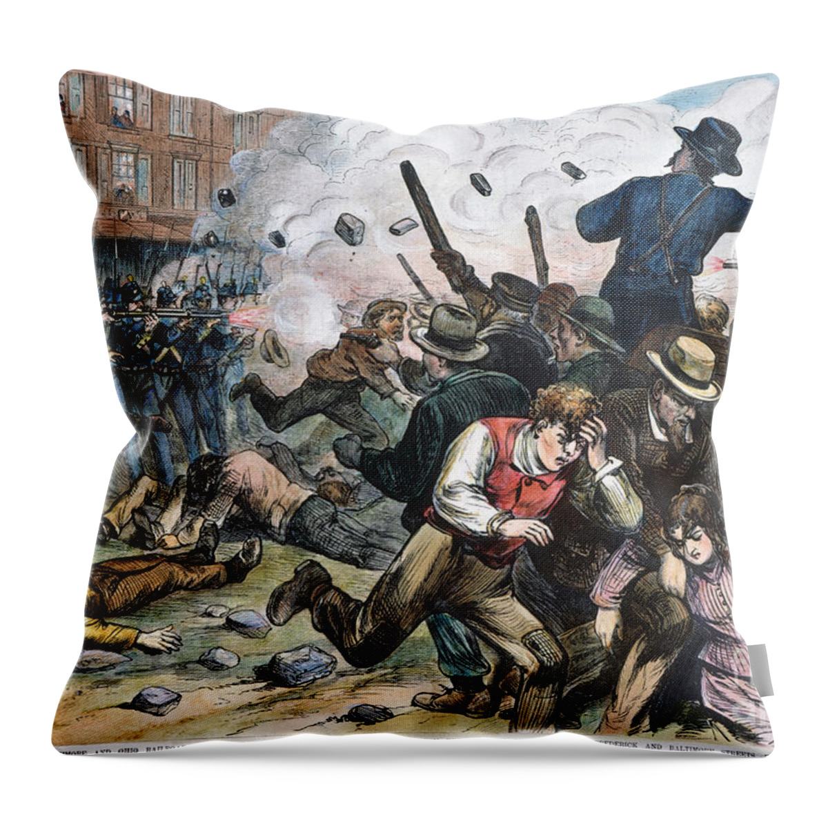 1877 Throw Pillow featuring the photograph Great Railroad Strike, 1877 by Granger
