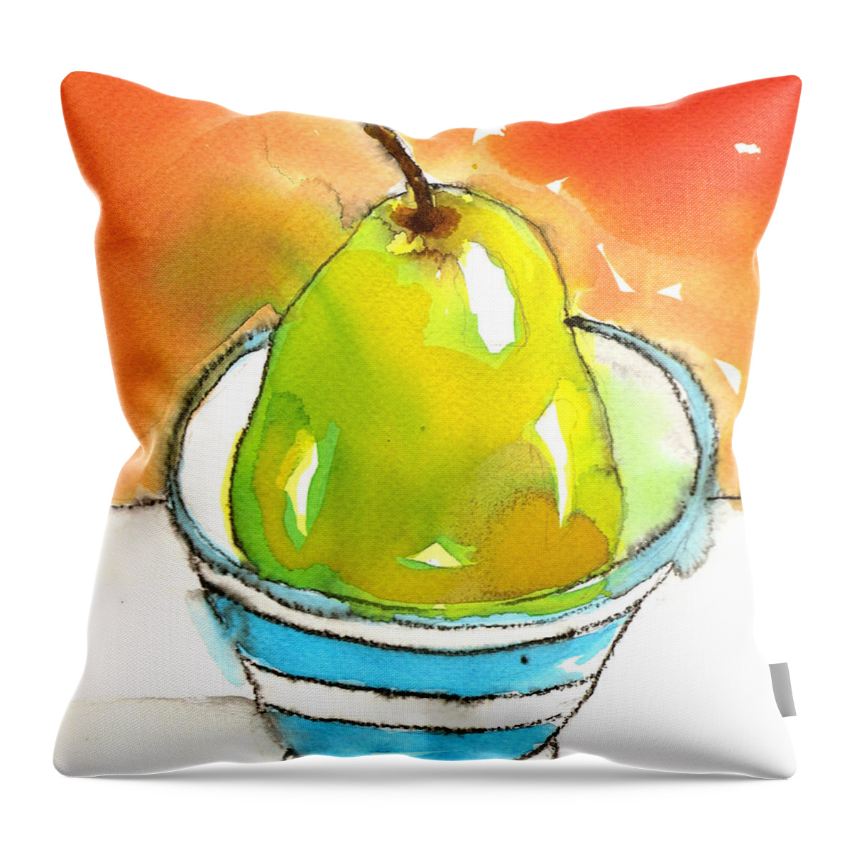 Pear Throw Pillow featuring the painting Green Pear in Blue Striped Bowl by Tracy-Ann Marrison