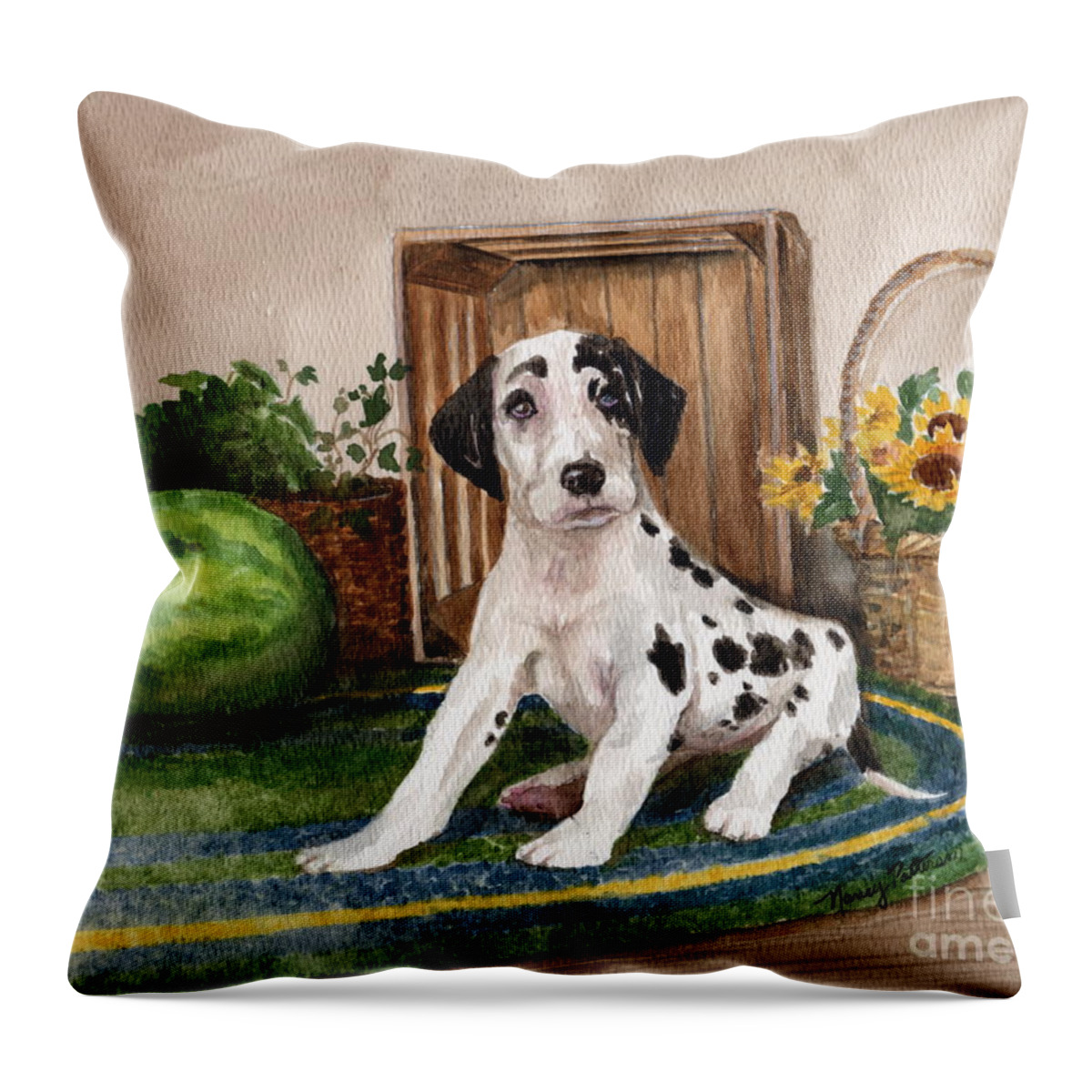 Great Dane Throw Pillow featuring the painting Growing Fast by Nancy Patterson