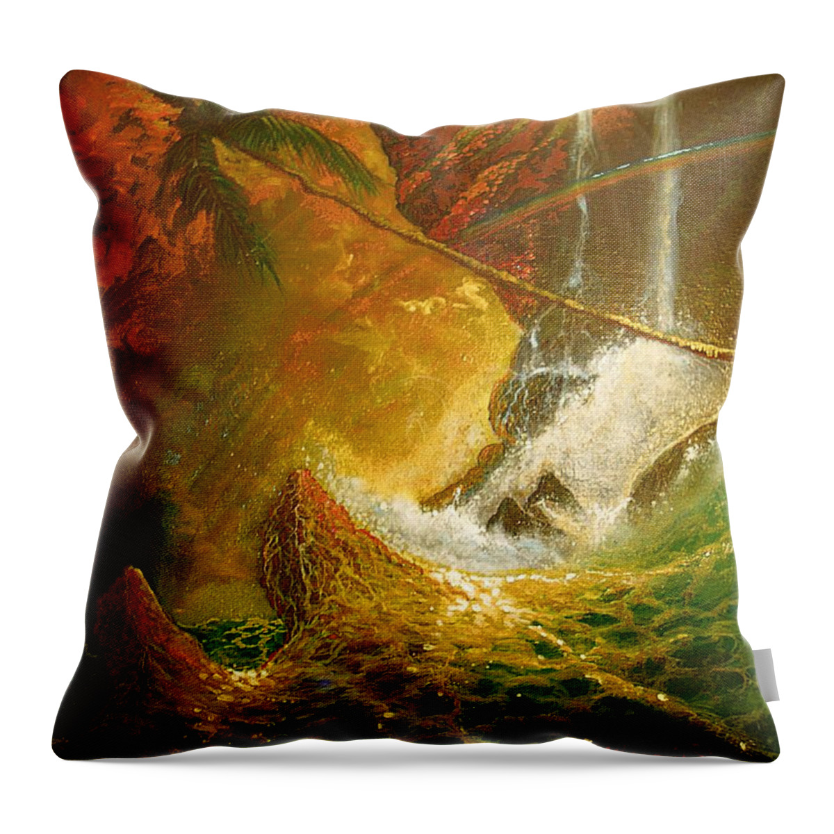 Hawaii Seascape Waterfall Throw Pillow featuring the painting Hawaii Sescape Waterfall Sunset by Leland Castro