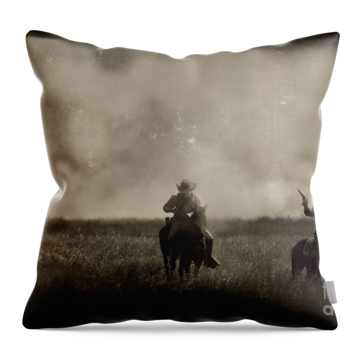 Reenactments Throw Pillow featuring the mixed media Heat of the Battle by Kim Henderson
